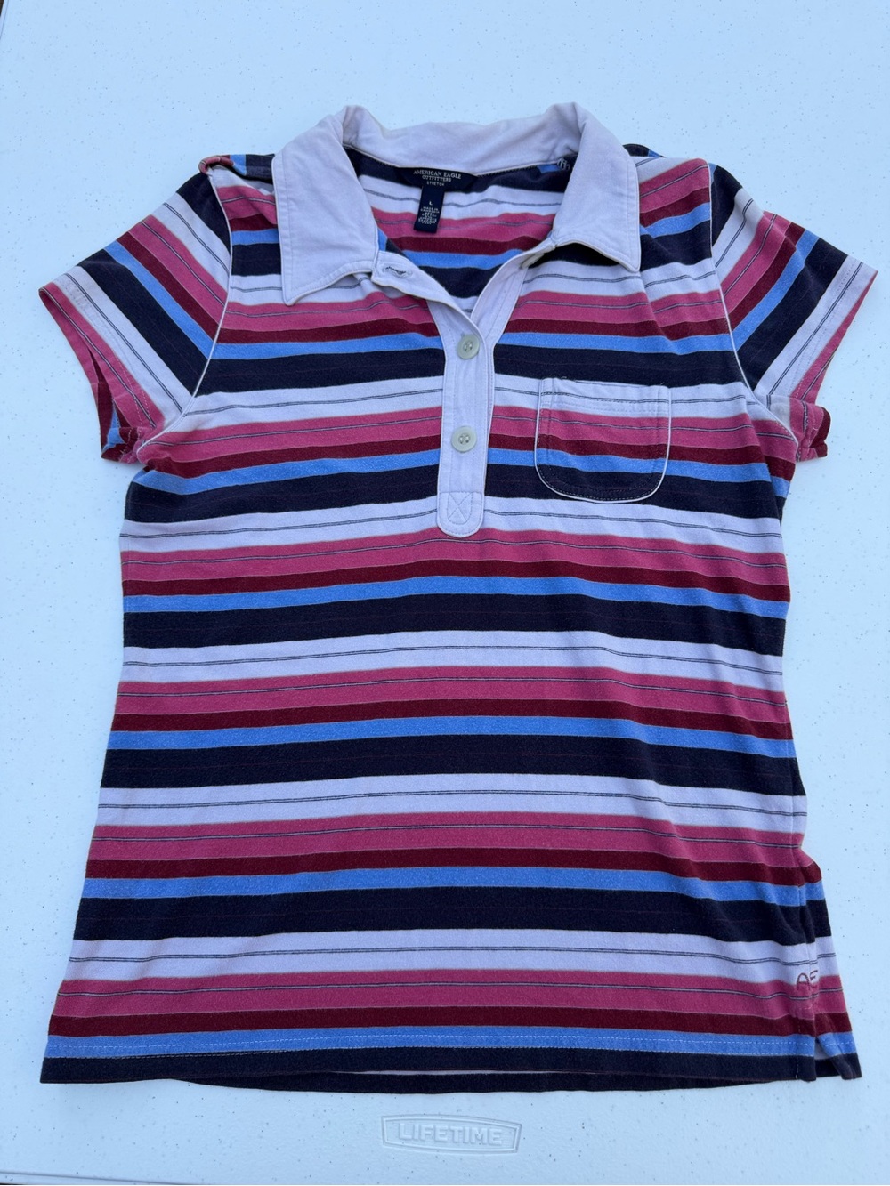 American Eagle Outfitters Striped Polo Tee — Pink, Navy & Light Blue